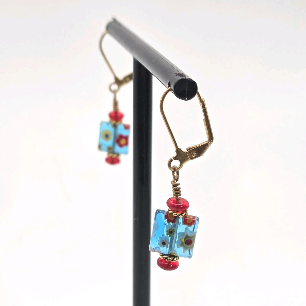 Millefiori Murano Glass Artisan Beads Drop Earrings With Blue Square Floral Blue